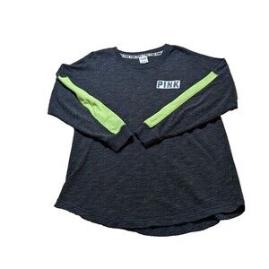 Victoria's Secret PINK Sweatshirt Women Medium Gray w Green Mesh Logo Graphic
